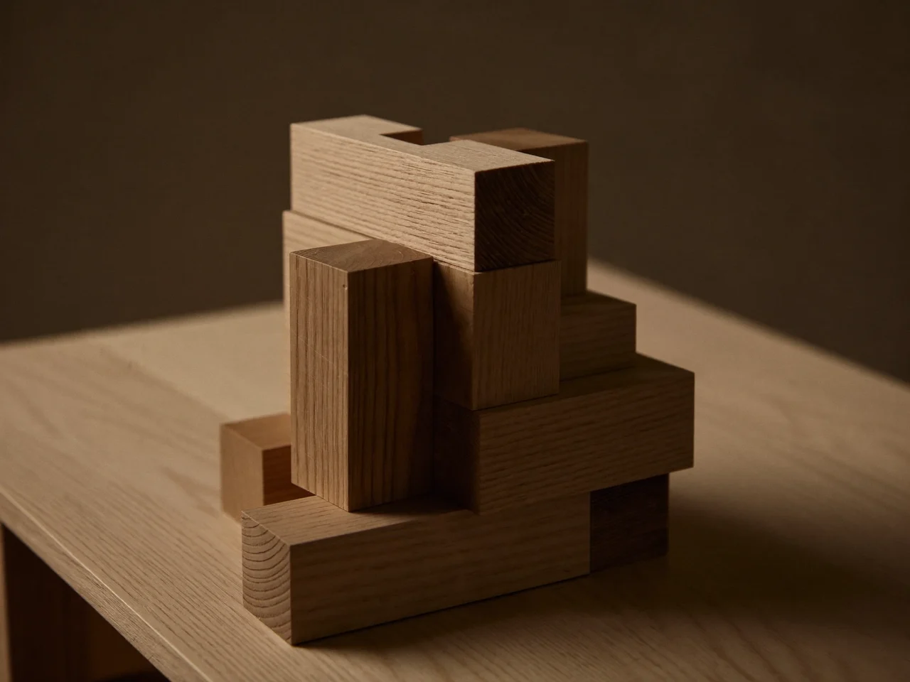 Bunte unlackierte Holzbausteine als kleiner Turm auf hellem Eichentisch