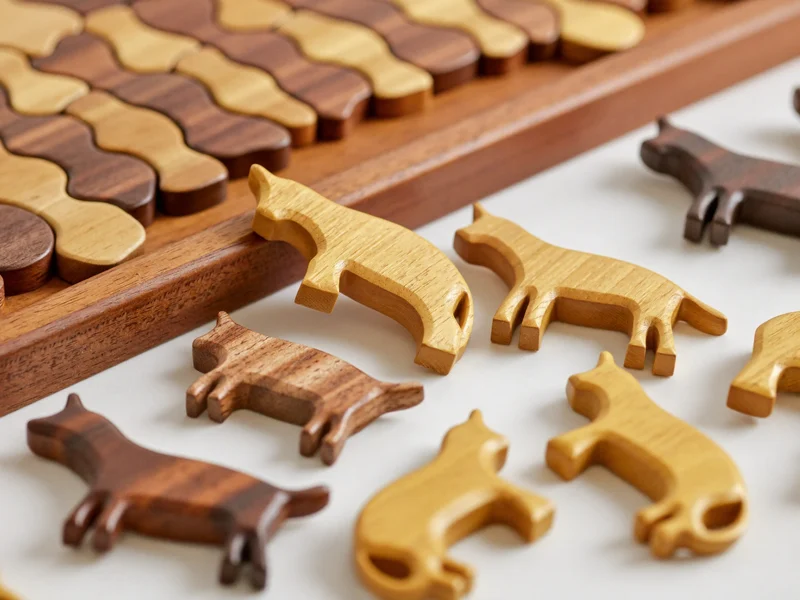 Holz-Steckpuzzle mit Tierformen, einzelne Teile neben dem Puzzlebrett verstreut