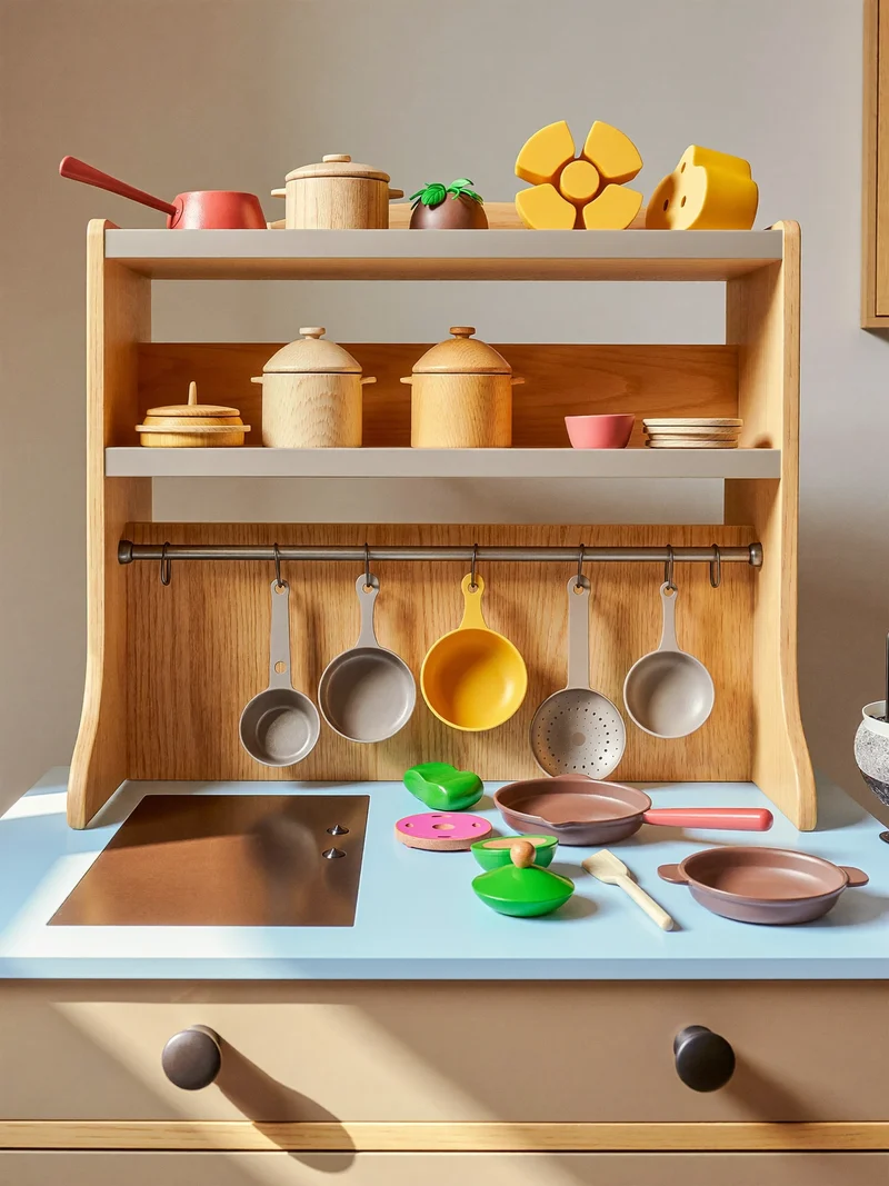 Kinderküche-Spielset aus Holz mit Töpfen, Holzgemüse und Kochlöffel