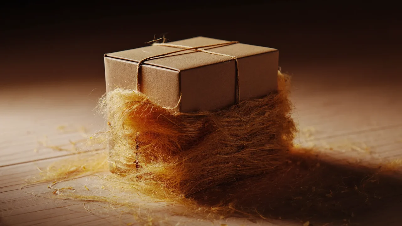 Unbedruckte Kartonverpackung mit Holzwolle und Naturkordel, bereit zum Verschenken