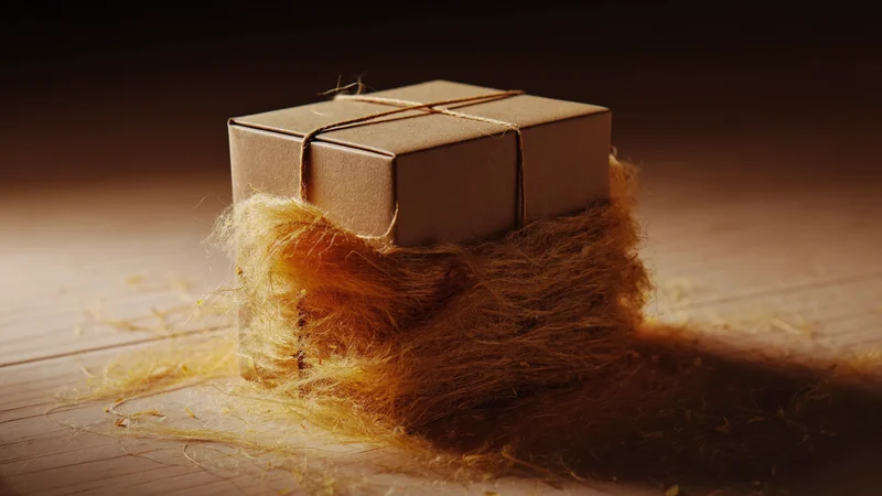 Unbedruckte Kartonverpackung mit Holzwolle und Naturkordel, bereit zum Verschenken
